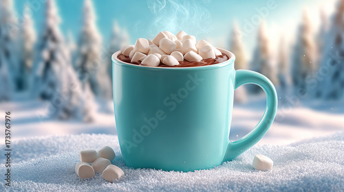 Giant hot chocolate mug with marshmallows in snowy forest  