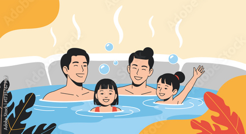 A happy family enjoys a relaxing soak in a warm hot tub.