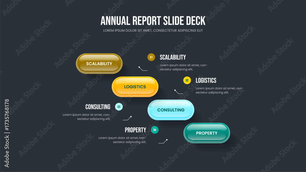Fototapeta premium Advertising Launch Four Element Infographic Frame Design. Sales Profile Slideshow Layout Vector Illustration. Modern Briefing 4 Option Diagram Presentation Template.
