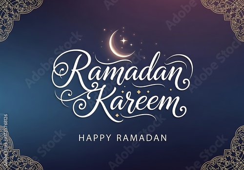 Ramadan Kareem greeting card with elegant calligraphy and crescent moon on a dark blue starry night background.
