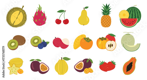 A colorful assortment of pixelated tropical and temperate fruits is displayed on a white background.
