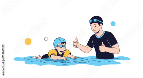 A swimming instructor gives a child a thumbs up during a lesson.