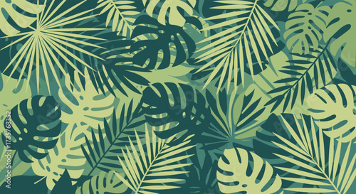 A vibrant abstract pattern of lush tropical green jungle leaves and foliage elements creating a dense natural camouflage.