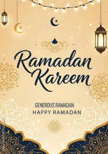 Ramadan Kareem Greeting Card with Lanterns and Crescent Moon.