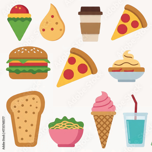 Assortment of colorful, flat-design illustrations of popular fast food items and drinks, perfect for graphic design projects