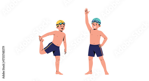 Two young boys in swimming caps and shorts practicing synchronized swimming poses.