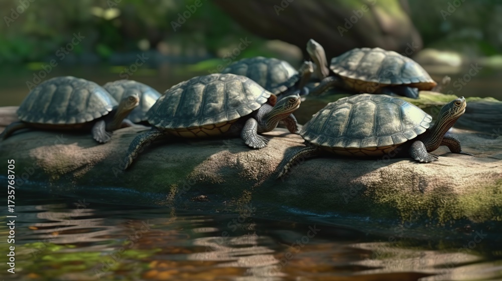 Fototapeta premium Group of Six Dark-Shelled Freshwater Turtles Basking Together on a Sunlit, Rough-Textured Log Over Calm Water