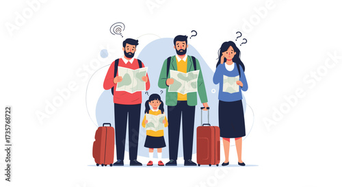 A confused family with maps and luggage looking for their next destination.