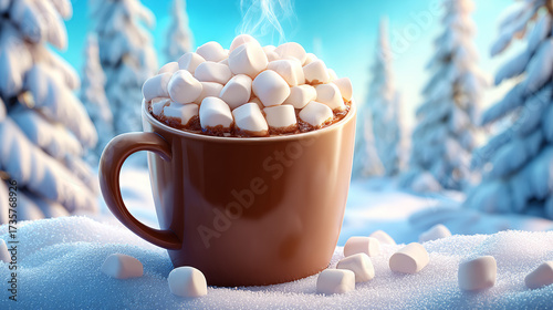Giant hot chocolate mug with marshmallows in snowy forest background  