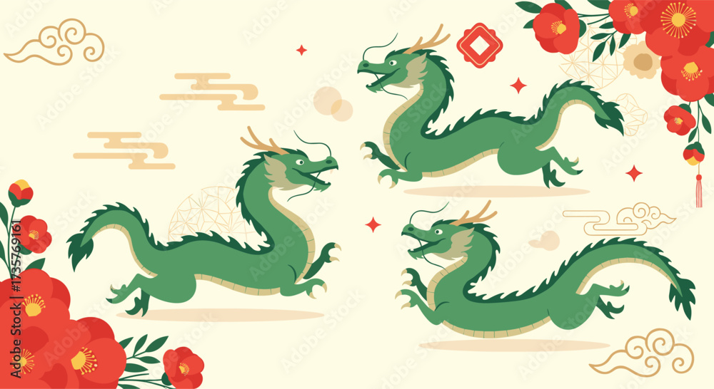 Obraz premium Four green dragons in pixel art style celebrating chinese new year.