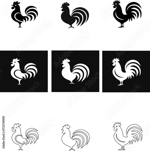 Rooster, Chicken,  cock logo vector icons pack featuring flat, silhouette, and outline designs for agriculture, farms, and eco branding.