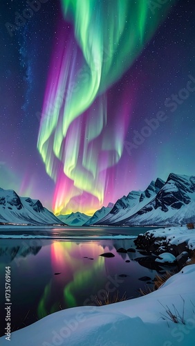 Captivating Aurora Borealis Display Over Snowy Mountains and Tranquil Lake Reflection