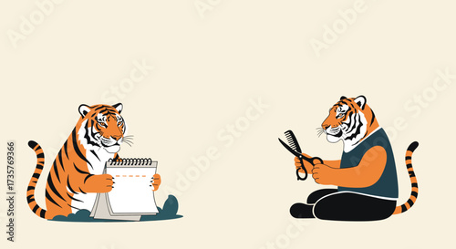 Two tigers one reading a document and the other holding scissors.