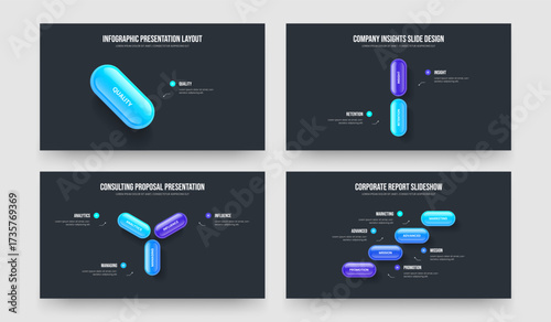 Consulting Growth 1 2 3 4 Option Diagram Presentation Layout Set. Market Review One Two Three Four Element Infographic Frame Design Vector Illustration Bundle.