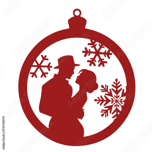 Silhouette of a couple embracing inside a christmas ornament with snowflake decorations in red color