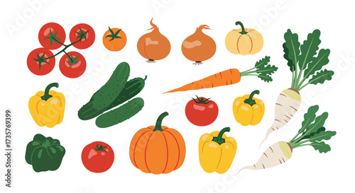 A vibrant collection of fresh garden vegetables including tomatoes cucumbers bell peppers onions pumpkins and radishes.