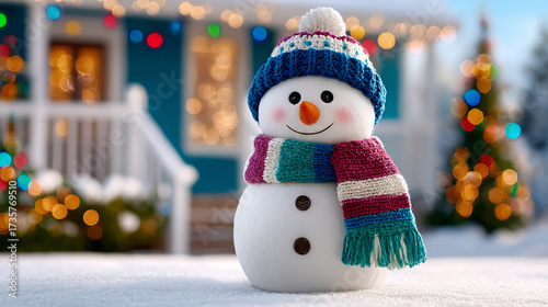 Cheerful snowman with carrot nose and colorful scarf in snowy yard  