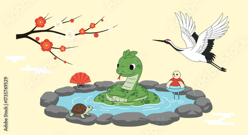 A serene hot spring with cute animals and blooming branches.
