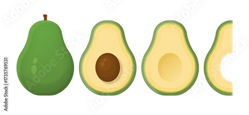 Avocado green, tropical healthy nutrition. Ripe avocados fruits, avocado slices set. Health food concept. Vector illustration.