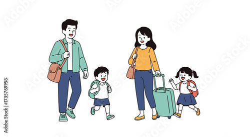 A happy family with children traveling with luggage.
