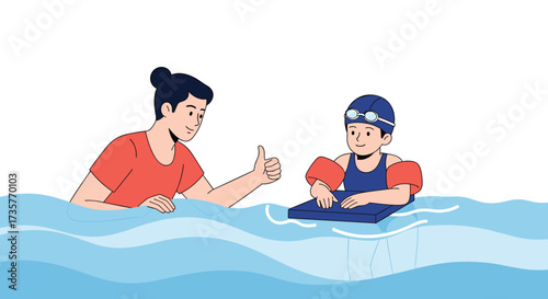 A swimming instructor gives a thumbs up to a child learning to swim.