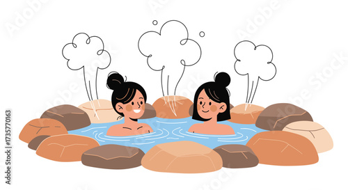 Two friends relax in a steaming hot spring surrounded by rocks.