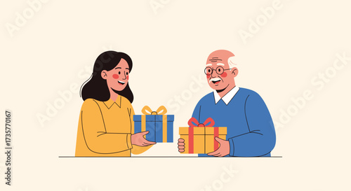 A young woman gives a gift to an elderly man.