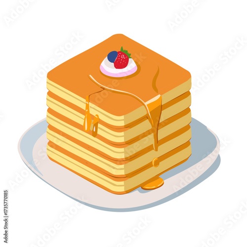 Delicious stack of square pancakes drizzled with golden syrup and topped with cream, strawberry, and blueberry
