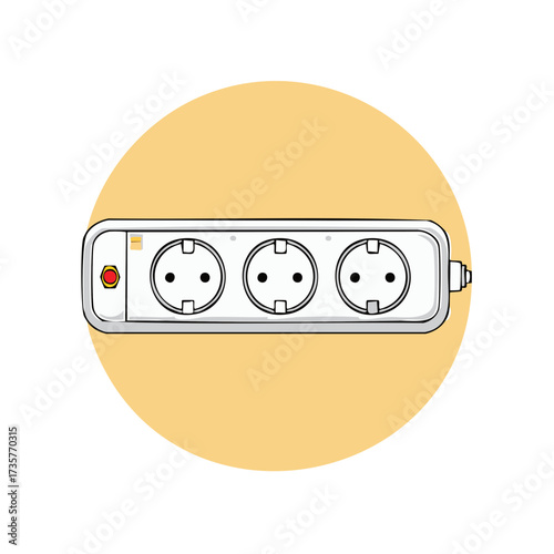 Triple Outlet Power Strip Cartoon Illustration Electrical Extension Cord Connection Ports with Indicator Light on Tan Circular Background