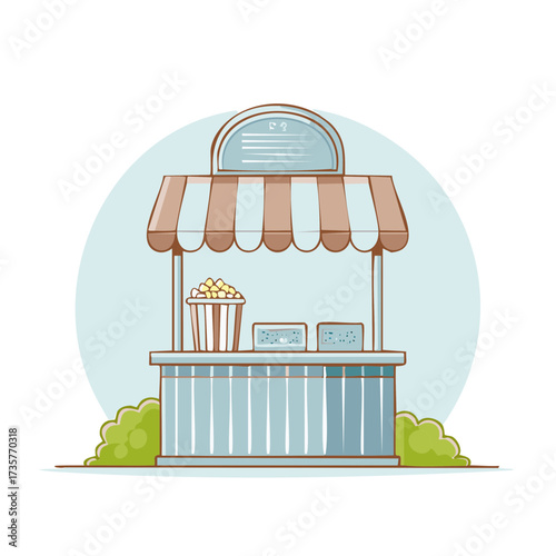 Illustrated popcorn stand kiosk with a brown and beige striped awning and a light blue backdrop.