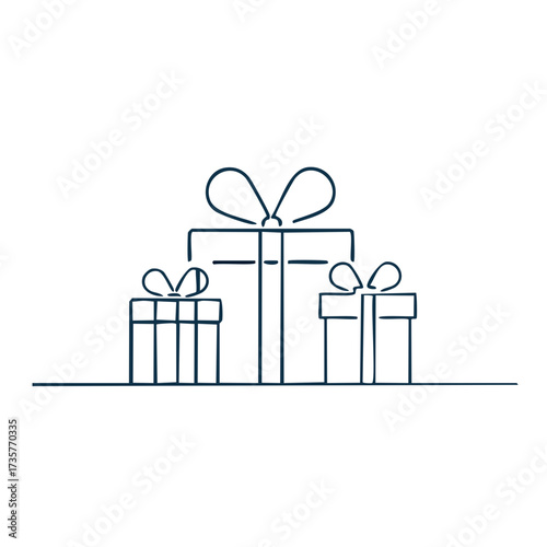 Simple outline drawing of three gift boxes tied with ribbons arranged on a flat surface
