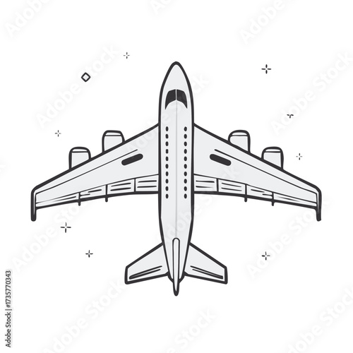 Top view of a modern jet airplane with four engines and large wings in a clean graphic style