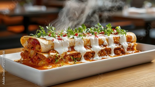 Fototapeta Naklejka Na Ścianę i Meble -  Enchiladas suizas with white crema drizzle and microgreens garnish served on rectangular ceramic plate in upscale restaurant kitchen setting