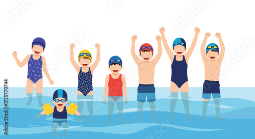 Children happily enjoy swimming lessons in a pool together.