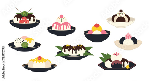 A delightful collection of seven distinct sweet desserts presented in individual bowls and platters.