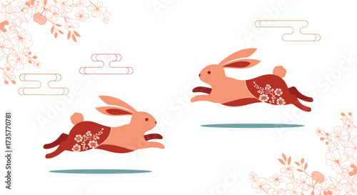 Two cute rabbits with floral patterns running across a white background.