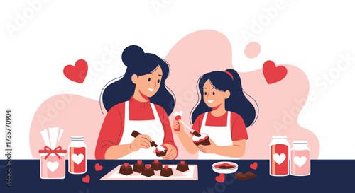 Mother and daughter happily making chocolate treats together.
