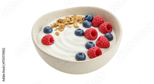 Bowl of yogurt with granola, raspberries, and blueberries isolated, healthy breakfast with fresh fruit and crunchy toppings