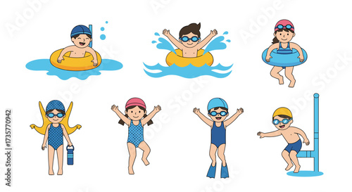 Collection of happy children swimming and playing with water toys.