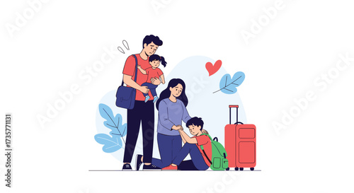 A family with luggage prepares to travel on vacation.