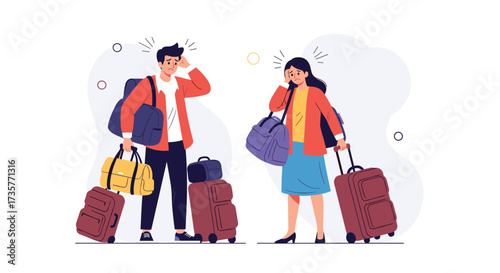 Travelers with baggage are stressed and frustrated while waiting for their transportation.