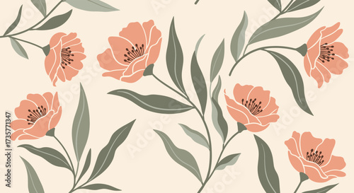 A delicate pattern of peach colored flowers and muted green leaves on a cream background.
