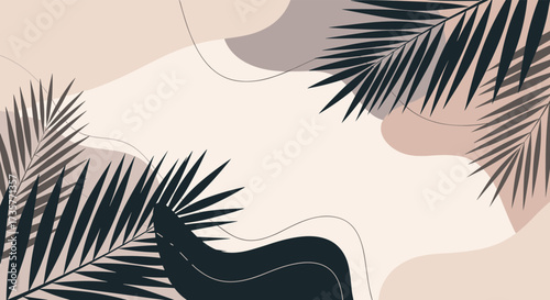Abstract organic shapes and tropical palm leaves in muted neutral tones.