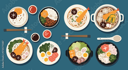 An assortment of delicious Japanese food dishes with noodles and rice.