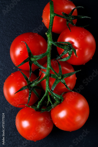 Branch of red cherry tomatoes with drops of water on a black background close-up