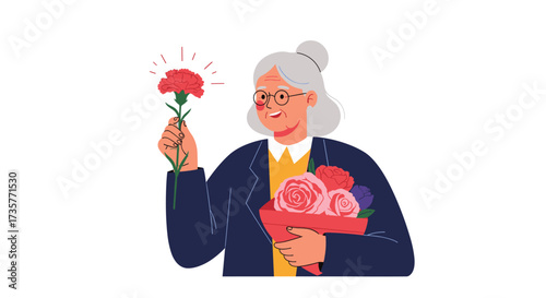 A thoughtful woman offers a single red carnation to celebrate a special moment.
