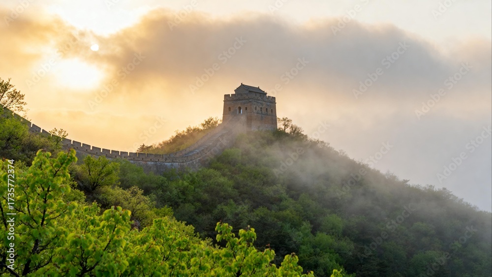 Fototapeta premium Great Wall on misty mountain at sunrise