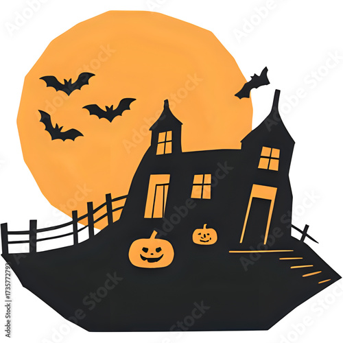 halloween background with haunted house, pumpkin and bats