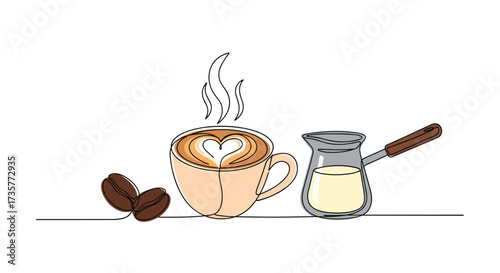 A warm cup of coffee with latte art and roasted beans sit next to a small pot of milk.