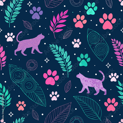 Seamless pattern featuring interlocking paw prints and abstract cat silhouettes in neon pink, teal, and lavender against a deep navy background